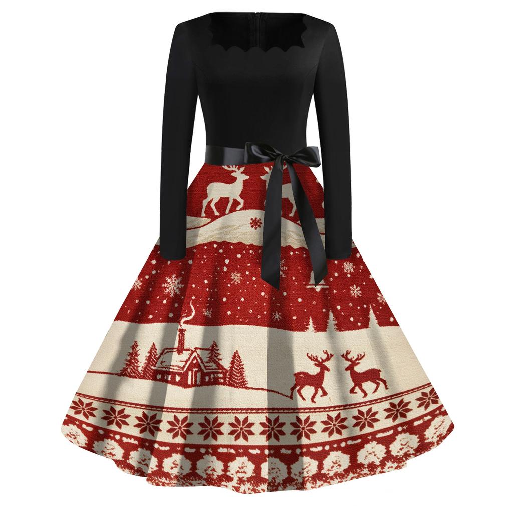 Women's Casual Fashion Christmas Print Square Neck Vintage Dress for Holiday Party
