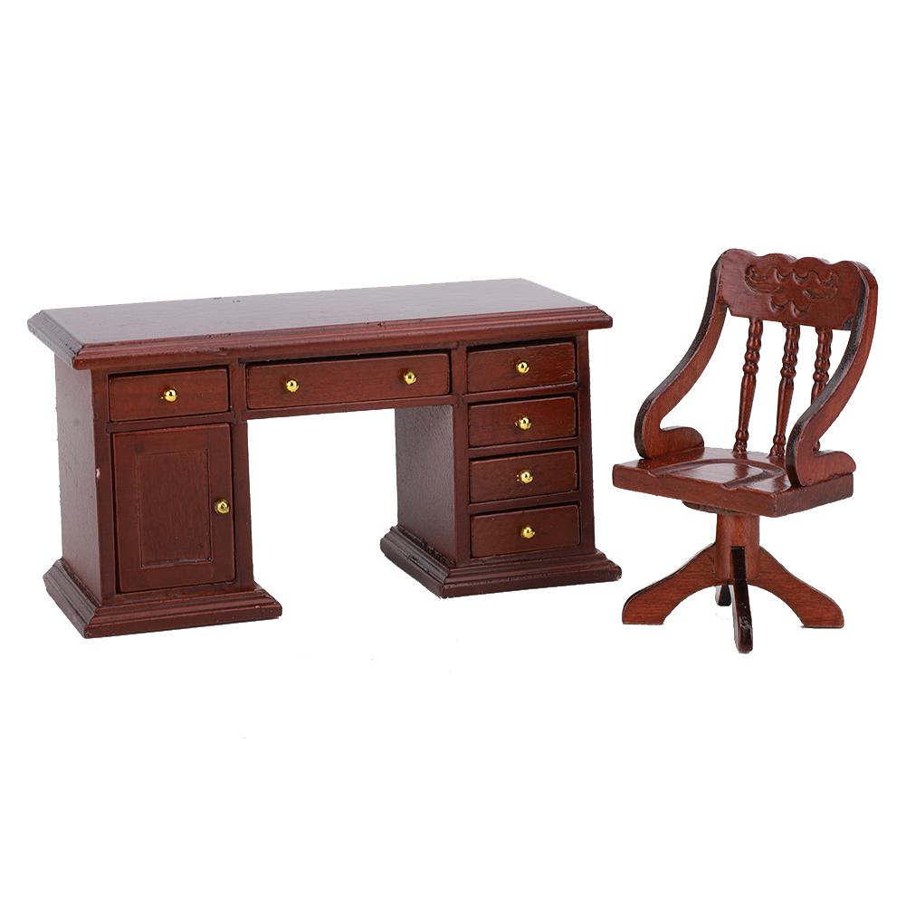 1:12 Furniture Model Wooden Desk Chair Children s Study Decoration Doll House Accessories