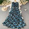 Pastoral romantic wind floral print dress women's spring and autumn horn sleeves waist pendulum elegant ruffle edge long dress