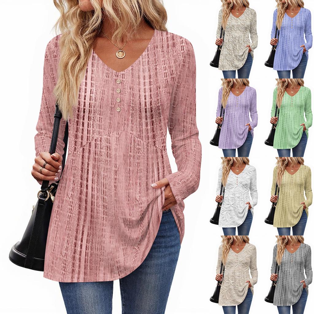 Women's Casual Fashion V-Neck Button Textured Long Sleeve Top