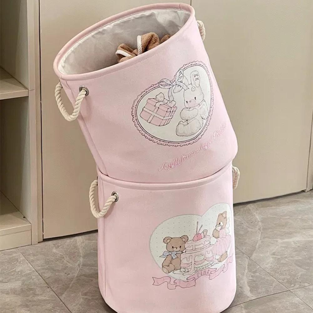 Cute with Handles Laundry Basket Cartoon Bear Rabbit Large Capacity Toys Storage Basket Round Foldable Clothes Basket Bedroom
