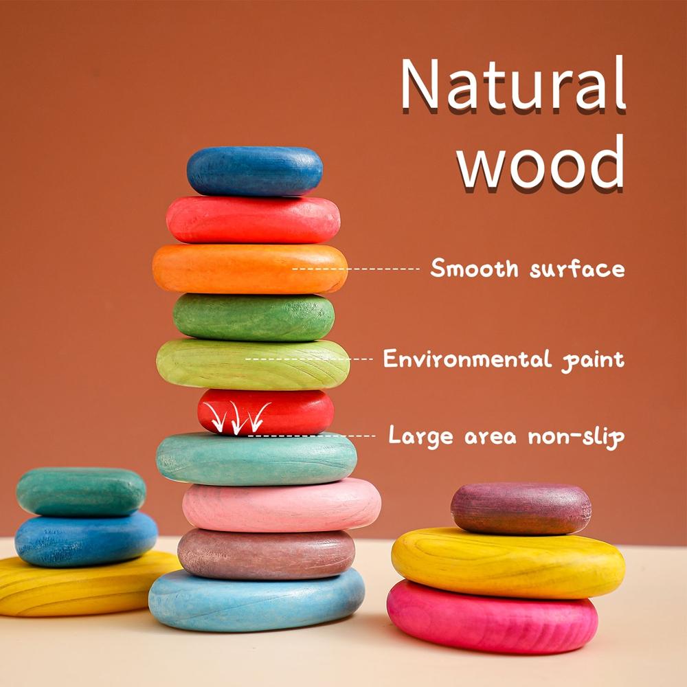Giocattolo Montessori in Legno Giocattolo Pietra Arcobaleno Impilabile BO BPA Colorato Educazione del Bambino Gioco Sensoriale di Equilibrio Giocattolo Blocchi da Costruzione Regalo per Bambino