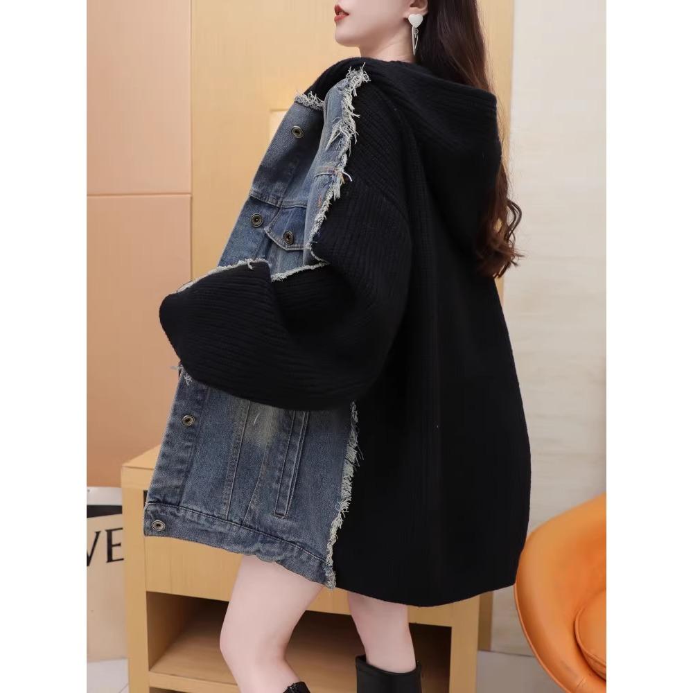 DIMANAF 2025 Winter New Jacket Women Sweaters Denim Coat Patchwork Wadded Cardigan Knitting Pockets Sweater