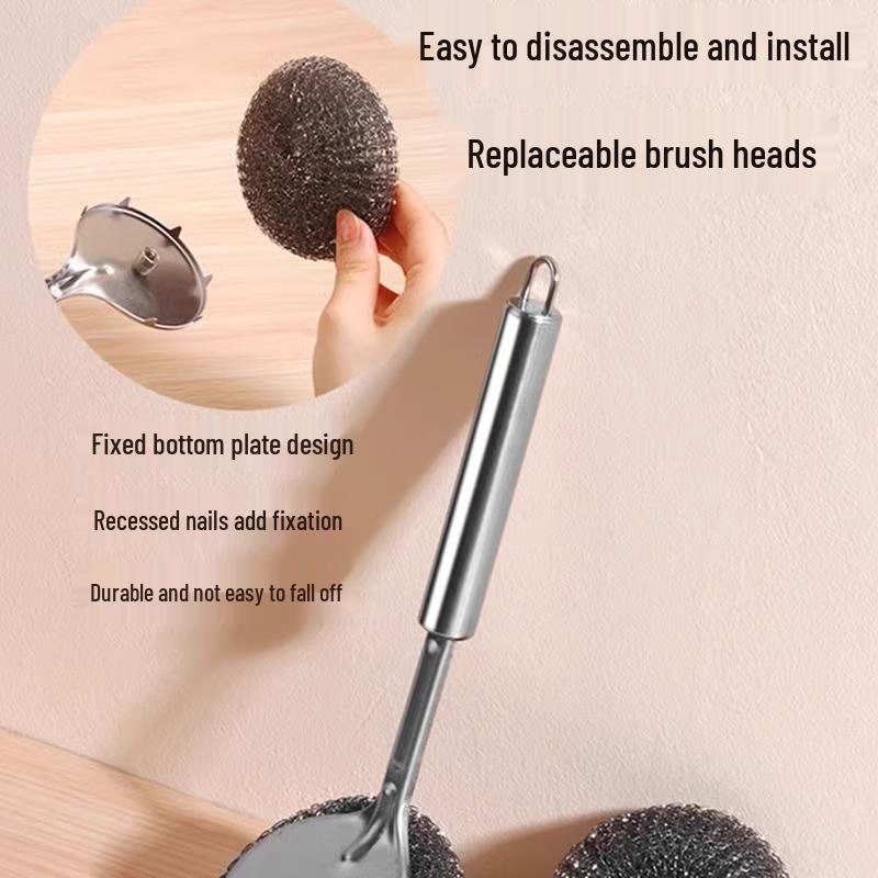304 Stainless Steel Pot Brush with Long Handle and Hangable Design for Kitchen Cleaning.