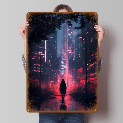Cyberpunkowy Pejzaż Miejski Metalowe Znaki Plakat z Panoramą Miasta Metalowe Plakaty Vintage Niestandardowy Znak z Blachy do Dekoracji Ściennej Wand Deko