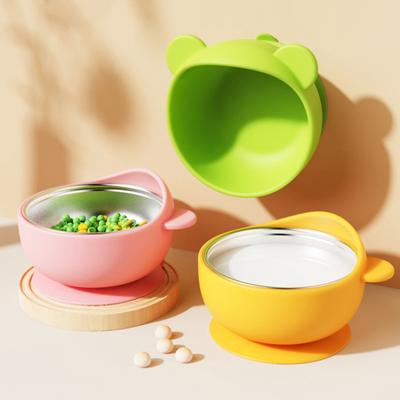 Bear Silicone Baby Bowl, Stainless Steel Toddler Bowl with Strong Suction Base, Non Slip Anti Spill Training Bowl for Kids