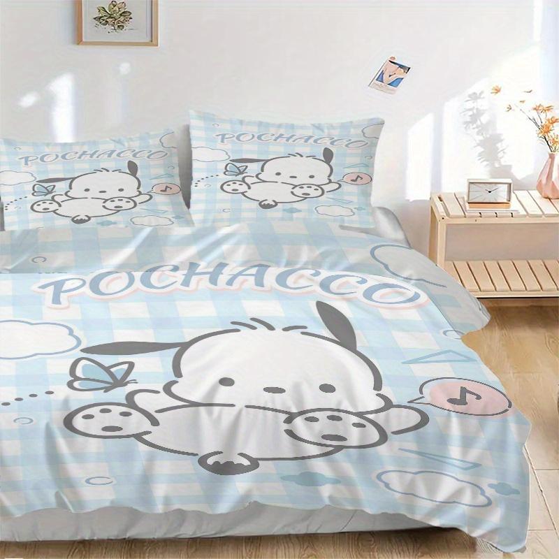 3pcs Blue Grid Pochacco Bedding Set, Including 1 Quilt Cover and 2 Pillow Shams, Without Filling, Soft and Comfortable Home Bedroom Fabric,