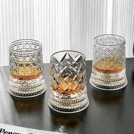 Yousheng Dad's Gift, Spinning Whiskey Glass with LED Light, 260ml Embossed Rotating Tumbler, Father's Day Present, Gift for Wine Lover