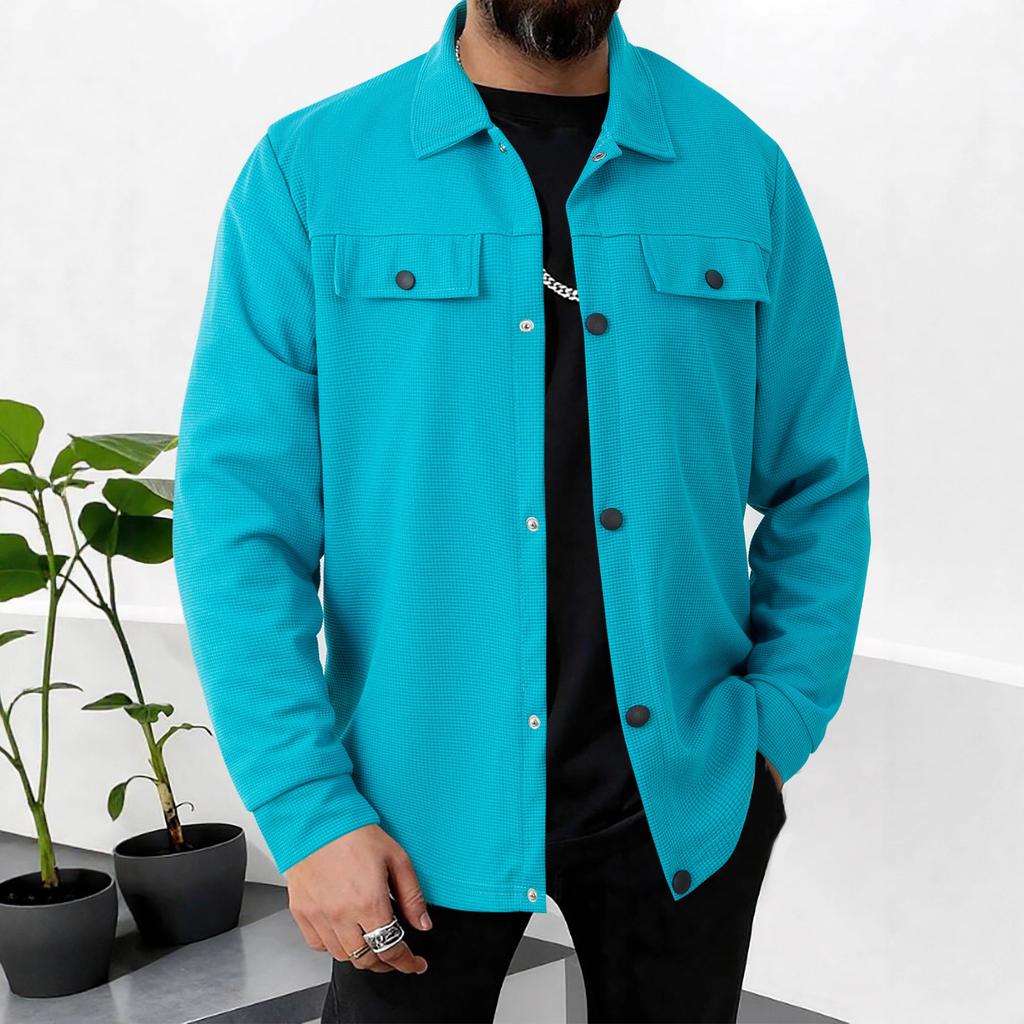 New Casual Men's Autumn Waffle Solid Color Top Pocket Long Sleeve Jacket Jacket