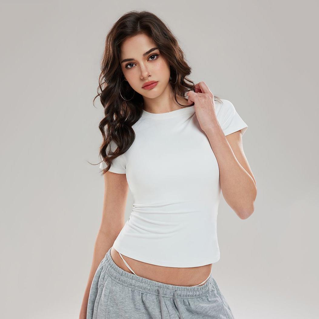 

Front shoulder crew neck slim-fit short-sleeved T-shirt women s summer new simple solid color versatile white bottom shirt M