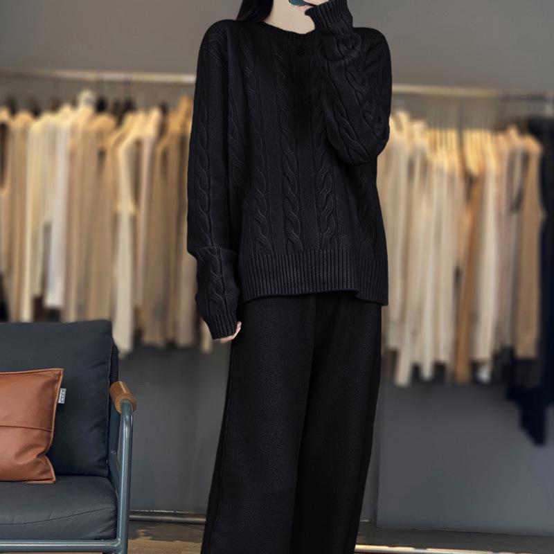 Women's Pure Wool Cable Knit Sweater Set - Autumn/Winter 2025 Trend: Loose, Thick, Round Neck, Long Sleeve.
