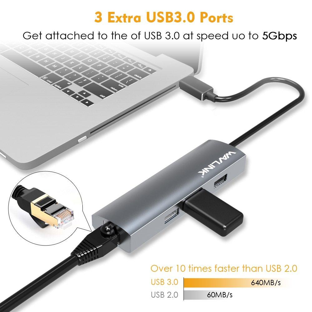 WAVLINK USB Ethernet Prędkość Transferu Danych Aluminiowy Kompaktowy Kompatybilny z Galaxy Tab Matebook Hub/USB3.04 Porty/Port Gigabitowy/Wysoki MacBook/MacBook