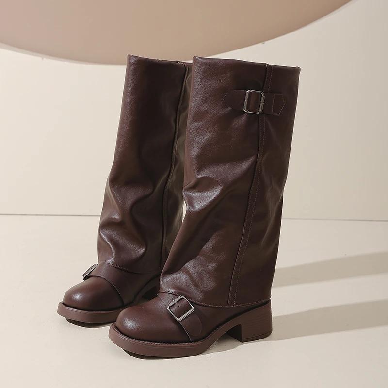 Fashion Round Toe Buckle Solid Modern Boots Autumn Knee-high Ladies Shoes 2025 Hot Sale Slip-on Mid Heel Sqaure Heel Women's Boots