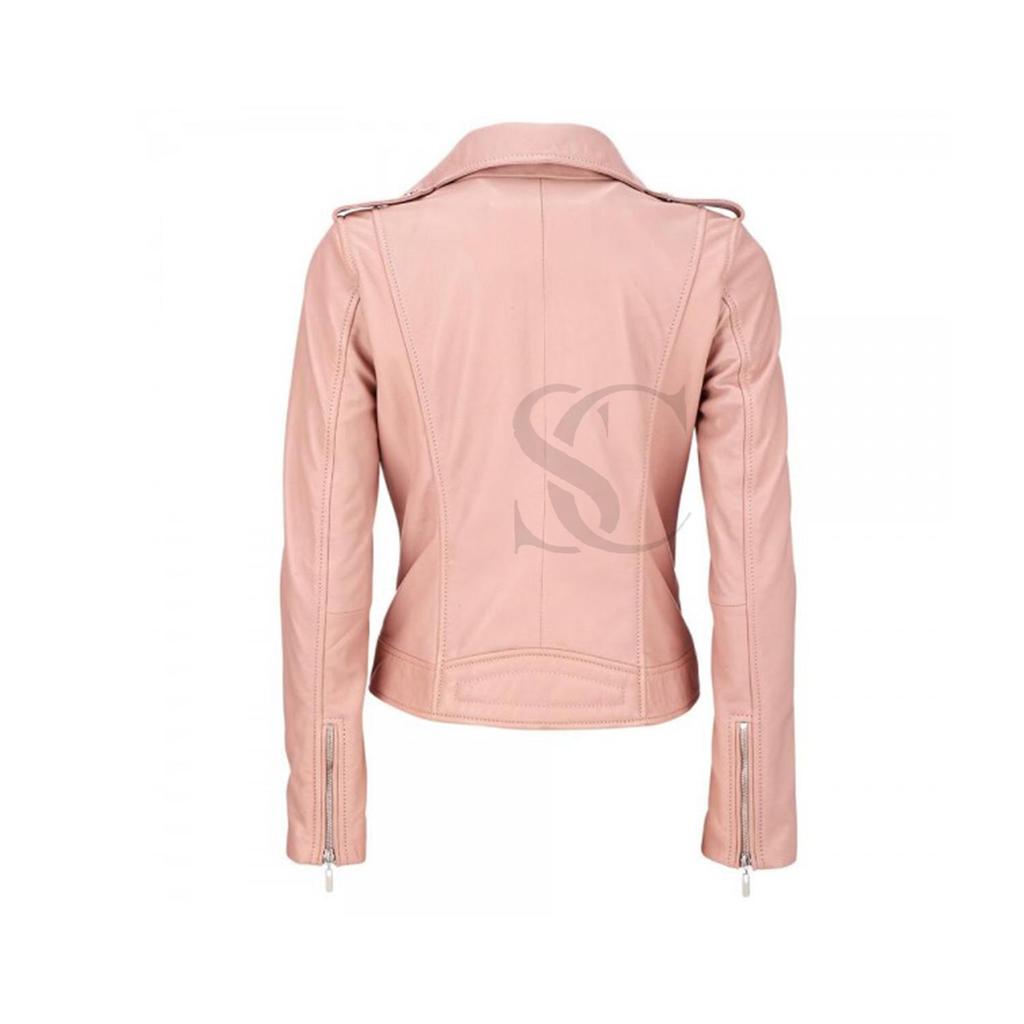 Pink Genuine Leather Women Zipper Jacket For Ladies