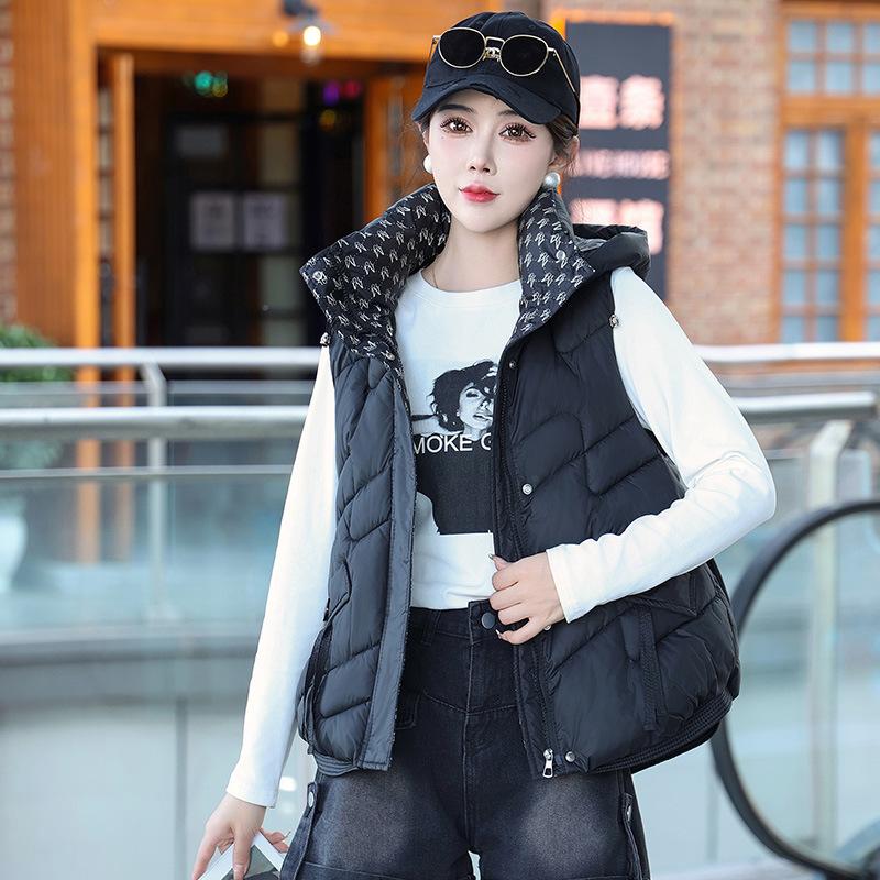 

Autumn and winter new cotton vest women s short outer wear fashion sleeveless hooded vest thickened vest jacket M чёрный