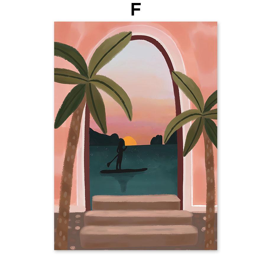 Boho Abstract Girl Lake Birds Leaf Illustration Wall Art Canvas Painting Nordic Poster And Prints Pictures For Living Room Decor