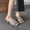 2026  French Style One-word Sandals Women's Fashion Slippers New Rhinestone Fine Belt Shaped Square Head Temperament High Heels