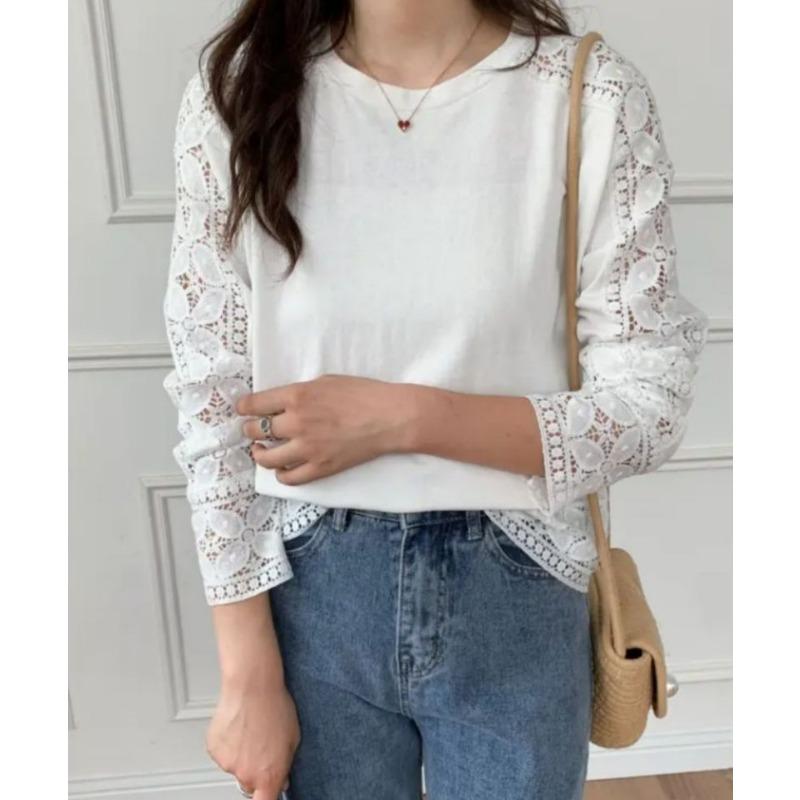 Dobrej Jakości Jesienno-Zimowy Japoński Koreański Jednolity Kolor Koronkowy Pulower Okrągły Dekolt Luźny T-shirt z Długim Rękawem dla Kobiet