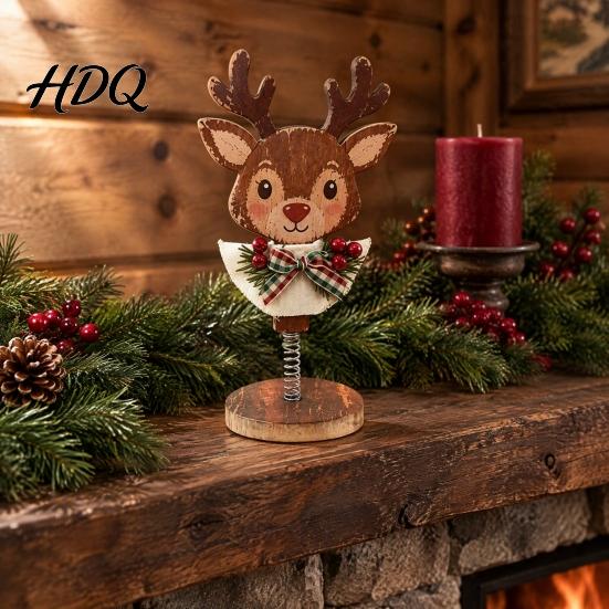 Vintage Christmas Room Decor Retro Wooden Ornaments Gingerbread Man/Reindeer/Snowman Figurine with Spring Base Nodding Elk Xmas Desktop Decorations