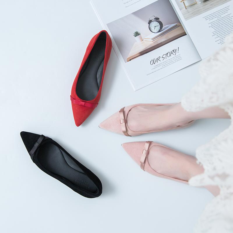 Fashion Brand Girls Ladies Pink Shoes Bridesmaid Flats Wedding Loafers Bowtie Ballerinas Women Big Size Flats Pointed Toe Velvet Loafers