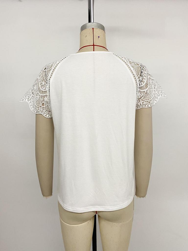 European and American Lace Stitching V-Neck Short Sleeve Top - 2026 Summer Women's Casual Loose T-shirt