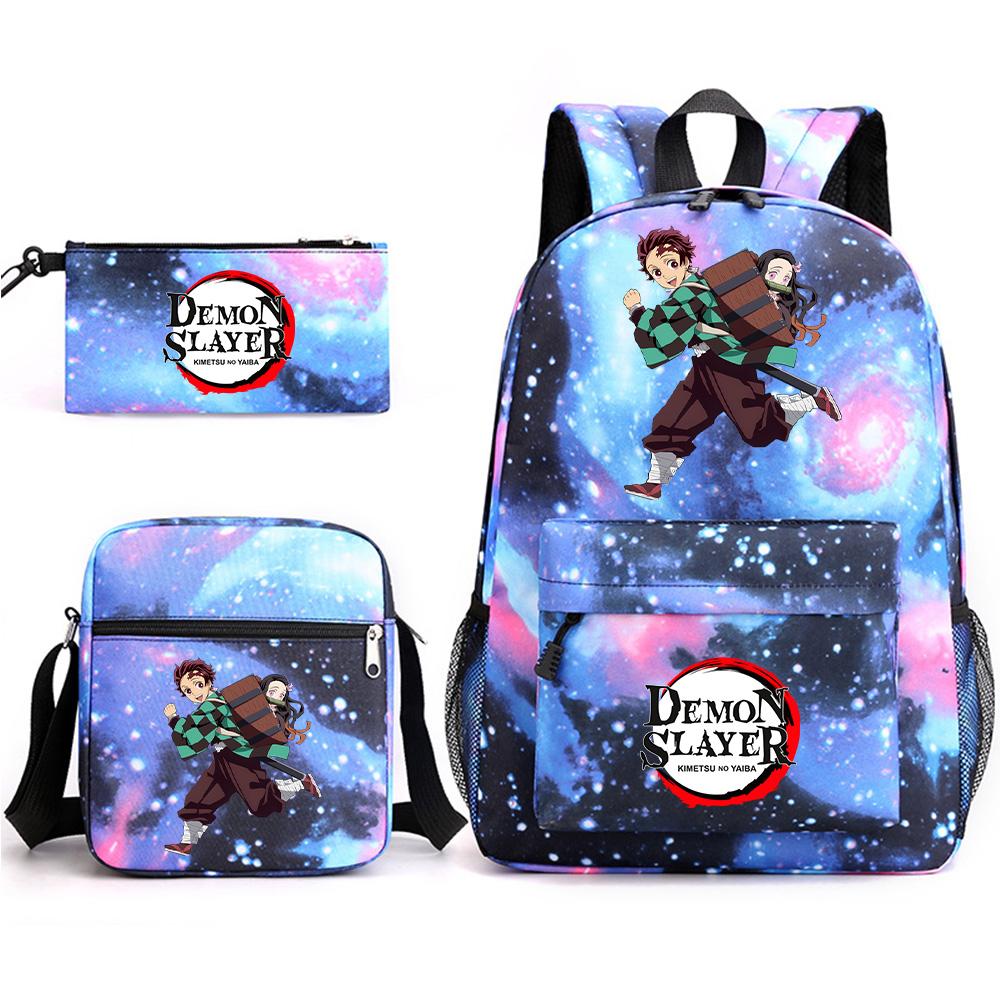 3Pcs/set Anime Demon Slayer Printed Backpack with Shoulder Bag Pencil Case for Teenager Student Boy Girl Large Capacity Waterproof Schoolbag