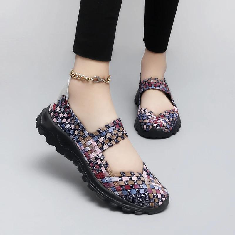 Women's Colorful Handmade Woven Sneakers Breath Slip-On Walking Wedge Shoes Light Low-Top Thick Bottom Casual Sandals Zapatillas