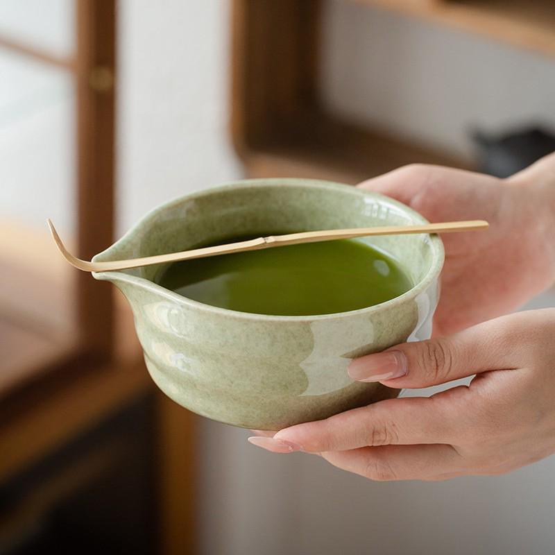 Ceramic Matcha Tea Ceremony Set with Hundred-Pronged Whisk, Whisk Holder, and Brush.