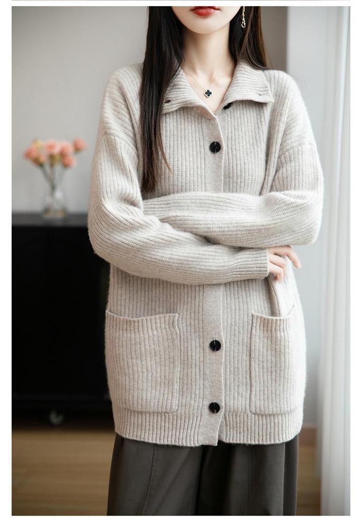 Autumn Winter 2025 Korean-Style Pure Wool Mid-Length Pocket Knit Cardigan for Women - Versatile, Thickened, Lazy Style Sweater Coat