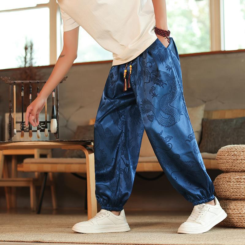 Outdoor Brand Pants for Men Lce Silk Dragon Dark Flower Loose Bloomers  Wide Leg Casual Pants