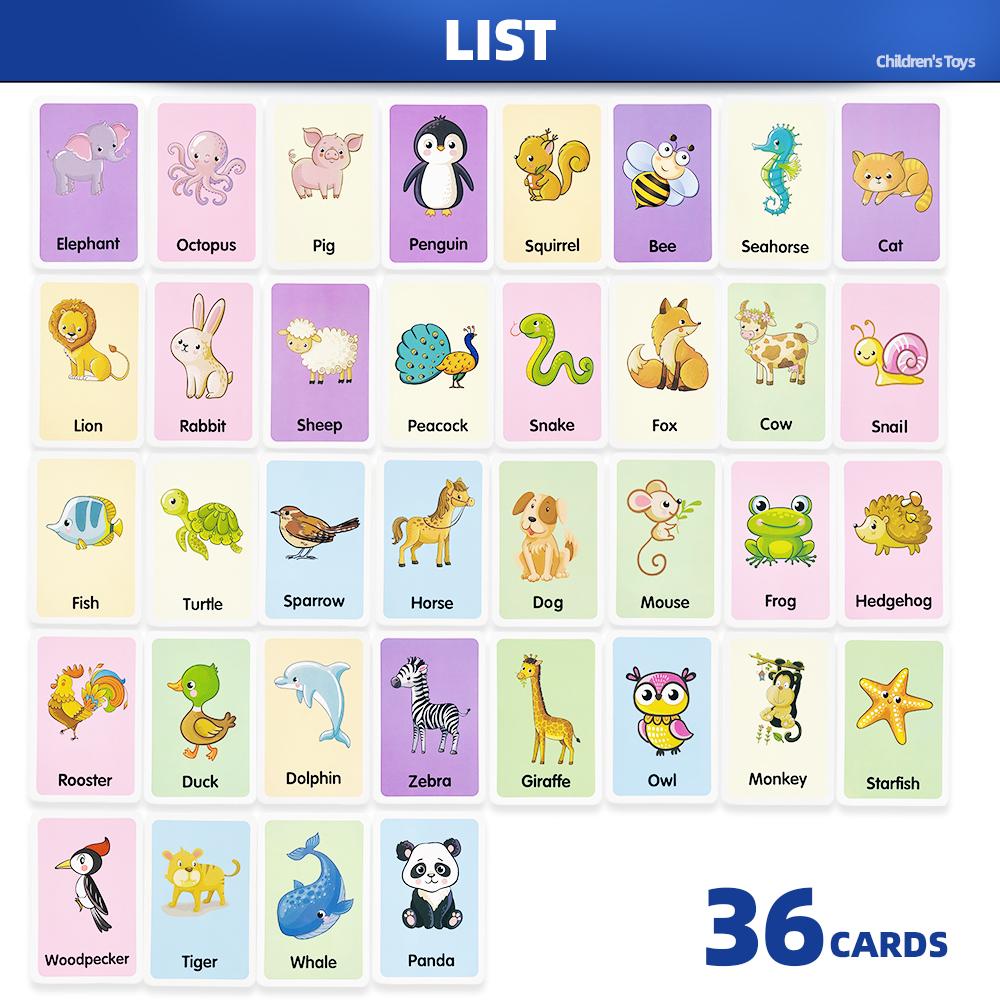36 Double-Sided Animal Cognitive Cards, Kidsren's Enlightenment Picture Learning, Paper Fun Teaching Cards