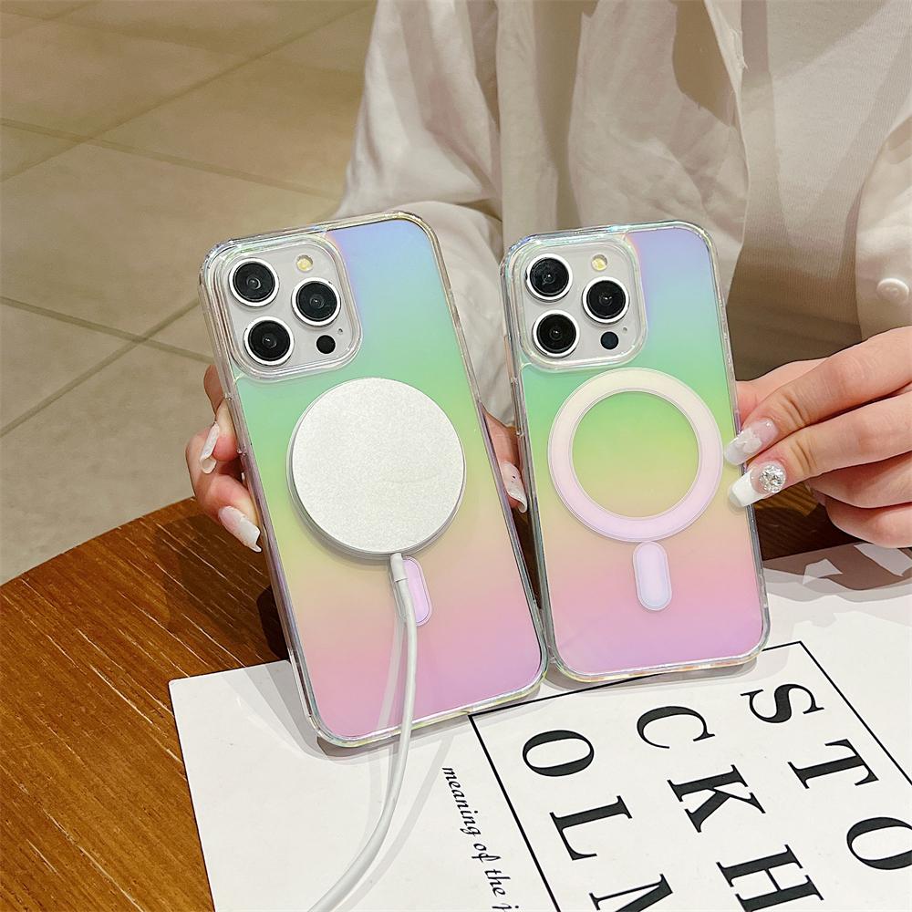 Luxury Gradient Rainbow Laser For Magsafe Magnetic Case For iPhone 17 16 15 14 13 Mini 12 11 Pro Max XS X XR 7 8 Plus Hard Cover