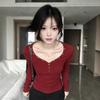 Sweet Spice Girl Red Rivet Chicken Heart Collar Long Sleeve T-Shirt Women's Spring New Design Slim Skinny Bottom Top