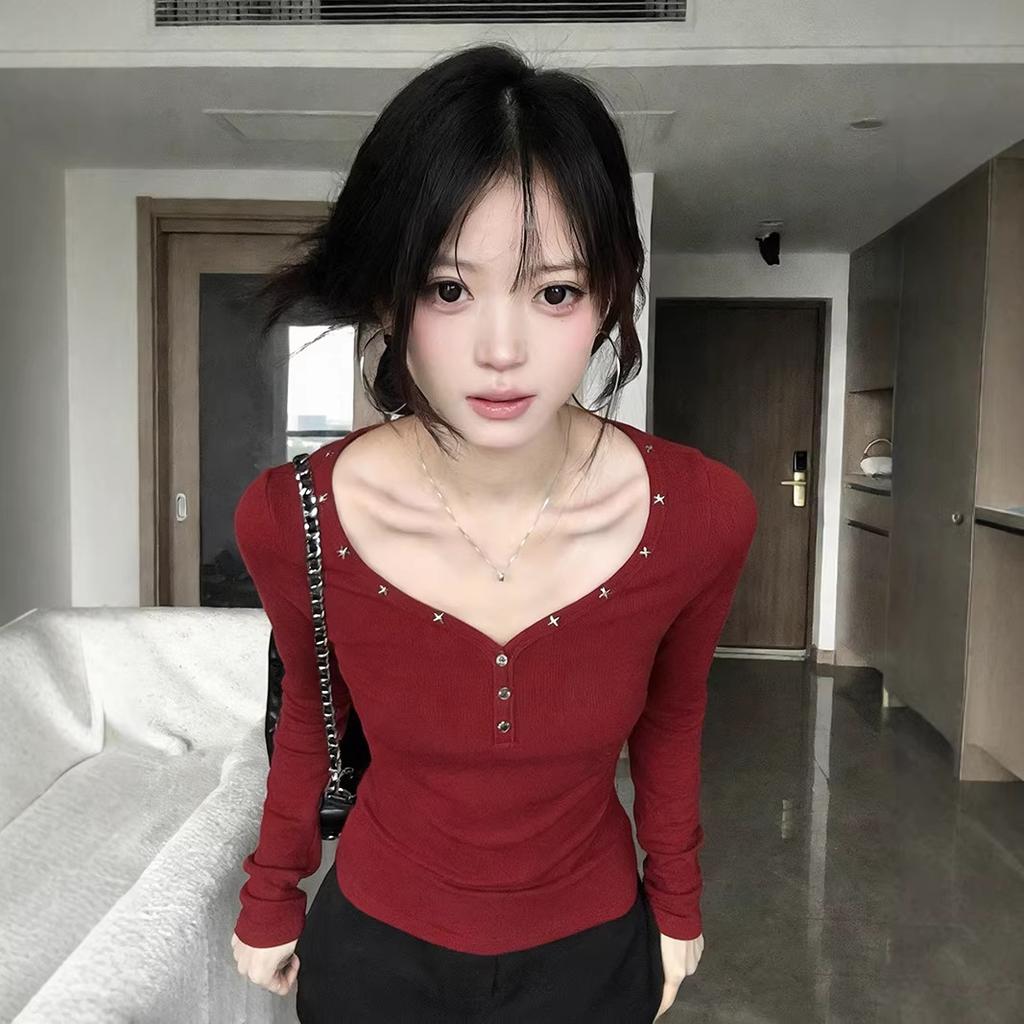 Sweet Spice Girl Red Rivet Chicken Heart Collar Long Sleeve T-Shirt Women's Spring New Design Slim Skinny Bottom Top