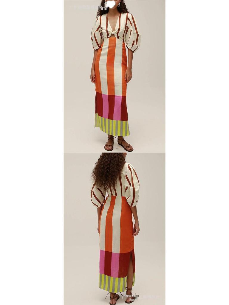 Spring/Summer 2026 European-Style Linen Print Dress - Casual Holiday Loose Fit