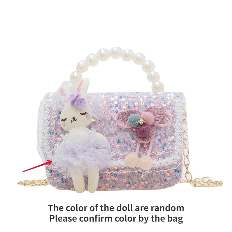 Cute Carto Doll Children's Shoulder Bags Fashi Pearl Handle Princess Girl Messenger Bag Sweet Novel Kid Change Purse Handbag