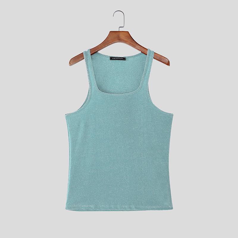 

INCERUN Summer Men s Square Collar Sleeveless Strap Glitter Fitted Tank Tops 5XL синий