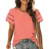 Ladies Summer Lacework Short Sleeve Round Collar Solid Color Pullover T Shirt Top