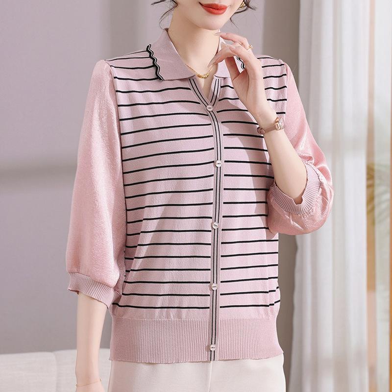 

2026 Spring Striped Knit Top: Stylish Three-Quarter Sleeve Blouse for Moms and Mother-in-Laws Size 110