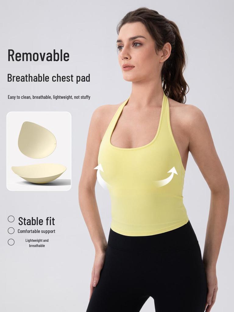 Damski Top Sportowy do Jogi z Dekoltem na Szyi i Wkładkami - Nude, Seksowny Tył Styl 52167