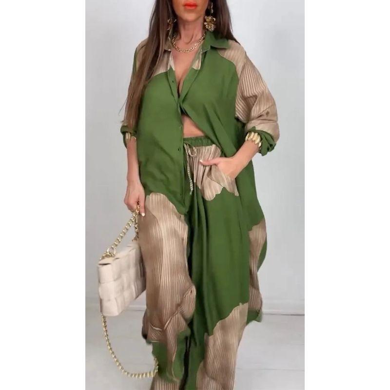 2025 European and American Print Women Cardigan Print Top and Pants Commuter Leisure Set