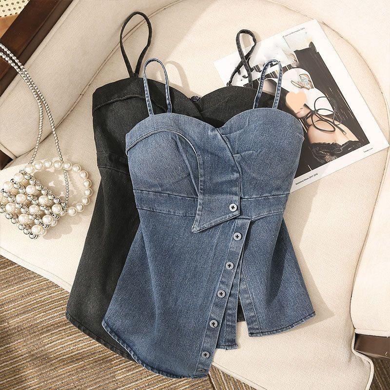 Sleeveless Denim Tops Sexy Women Summer Jeans Tanks Crop Top Removable Strapless Cowboy Bustier Corset
