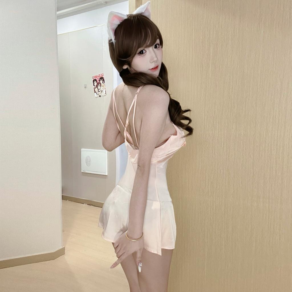 Sexy Lingerie French Sexy Nightdress Deep V Suspender Lotus Leaf Lace Pure Desire Wind Bow Halter Pajamas