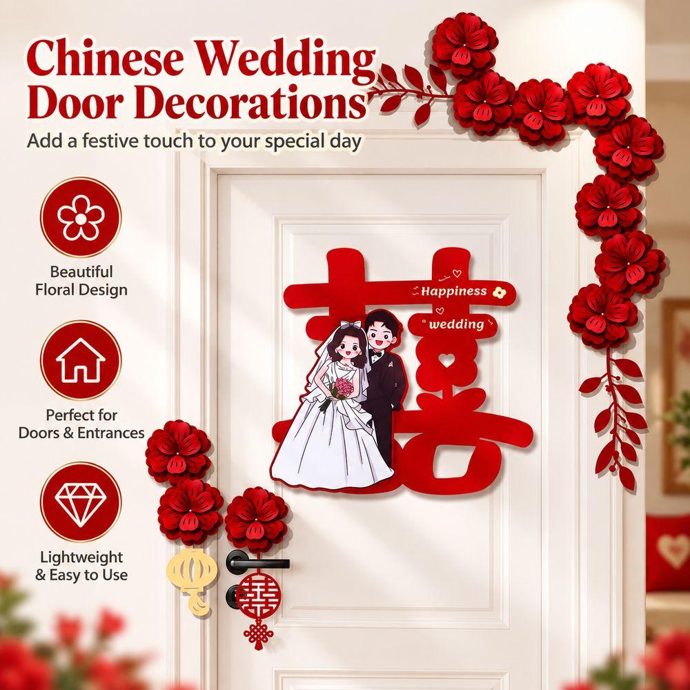 Chinese Wedding Door Decorations Artificial Flowers Double Happiness Sign Home Entrance Decor
