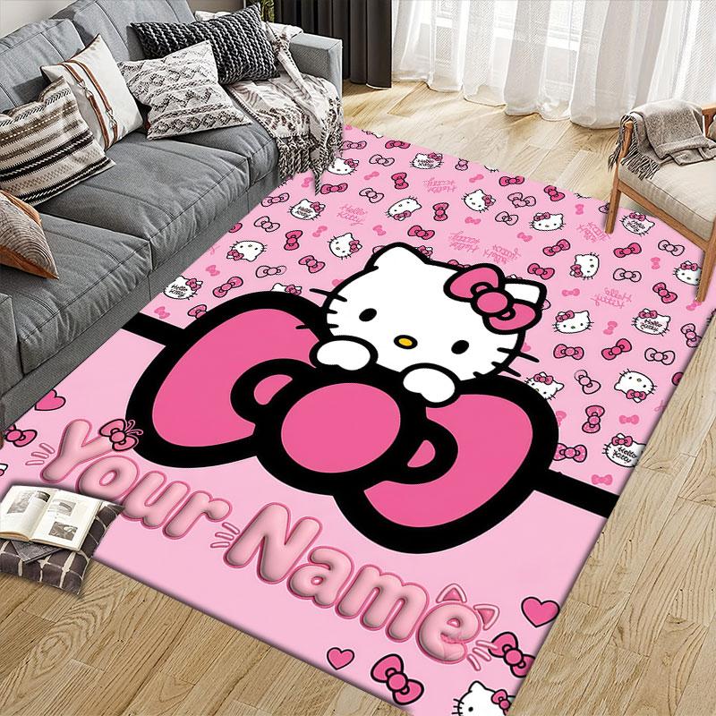 Custom Name,3D Inflated Hello Kitty Home Sofa Decoration for Living Room & Bedroom, Non‑Slip Play Flannel Floor Mat for Game Room
