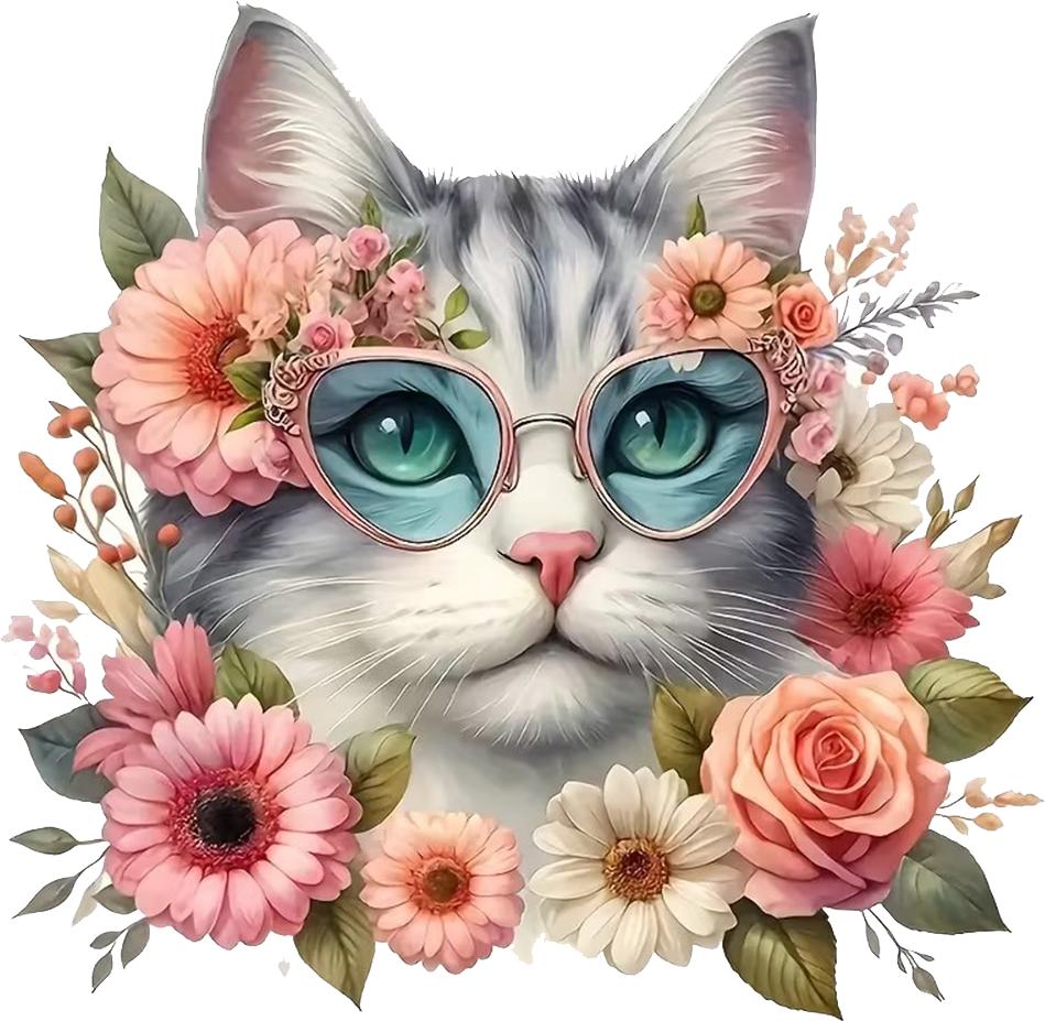 QT2013#15cm Adorable Cat and Floral Waterproof Car Decorative Decal, Suitable for Cars, Laptops, Bumpers, Glass Window Sticker
