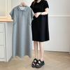Plus Size Women's Preppy Style Lace Patchwork Short-sleeve Dress, Slimming Doll Collar Mid-length Dress Wide Drop Shoulder Sleeveless Comfort Casual