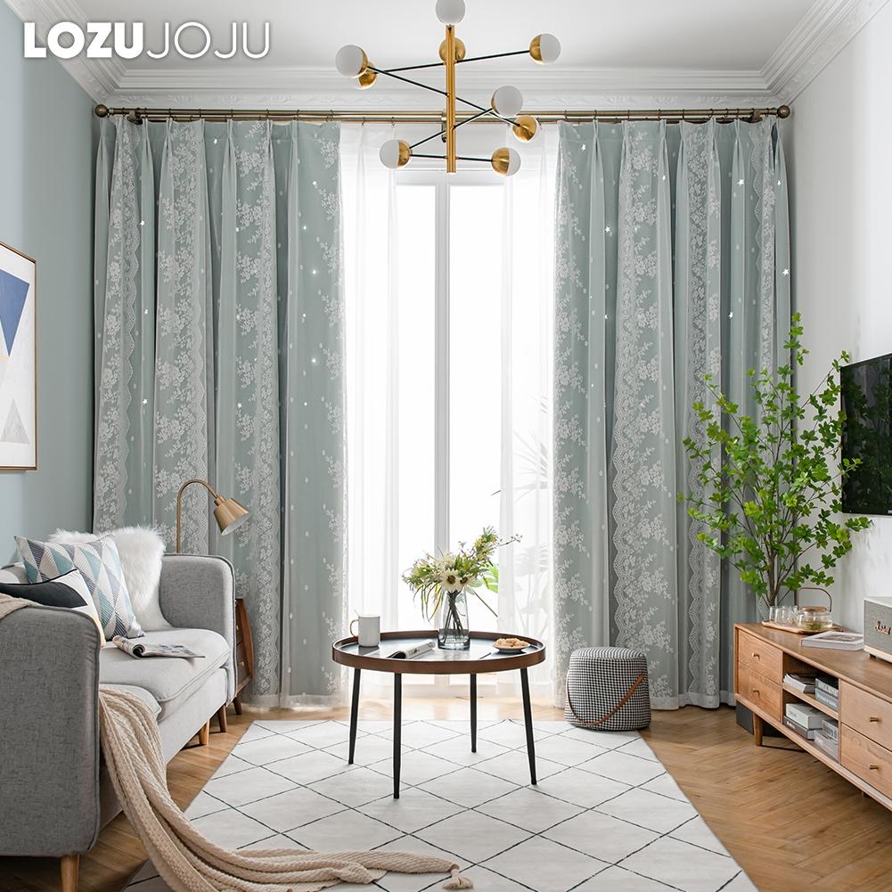 A Set of LOZUJOJU Hollow Star Blackout Curtain and Lace Sheer Curtains Integrated Gauze Curtain and Curtain for Living Room Bedroom Home Decor