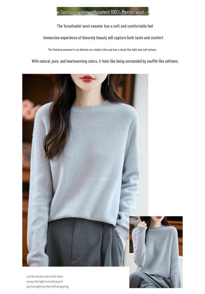 Women's Sequin Crew Neck 100% Wool Sweater - Loose Fit, Ready-to-Wear Knit Base Layer for Commute