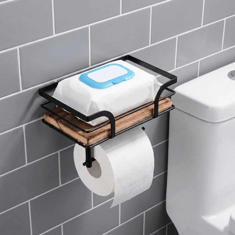 Wall Mounted Toilet Paper Holder Wooden Paper Storage Shelf Durable Paper Phone Holder Farmhouse
